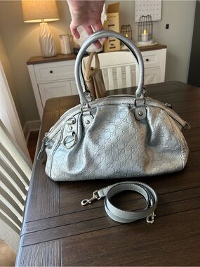 Gucci Sukey Silver Embossed Monogram Leather Satchel- COA included